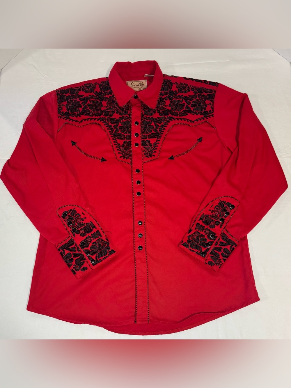 Scully P-634 Western Embroidered Pearl Snap Shirt M Red Black